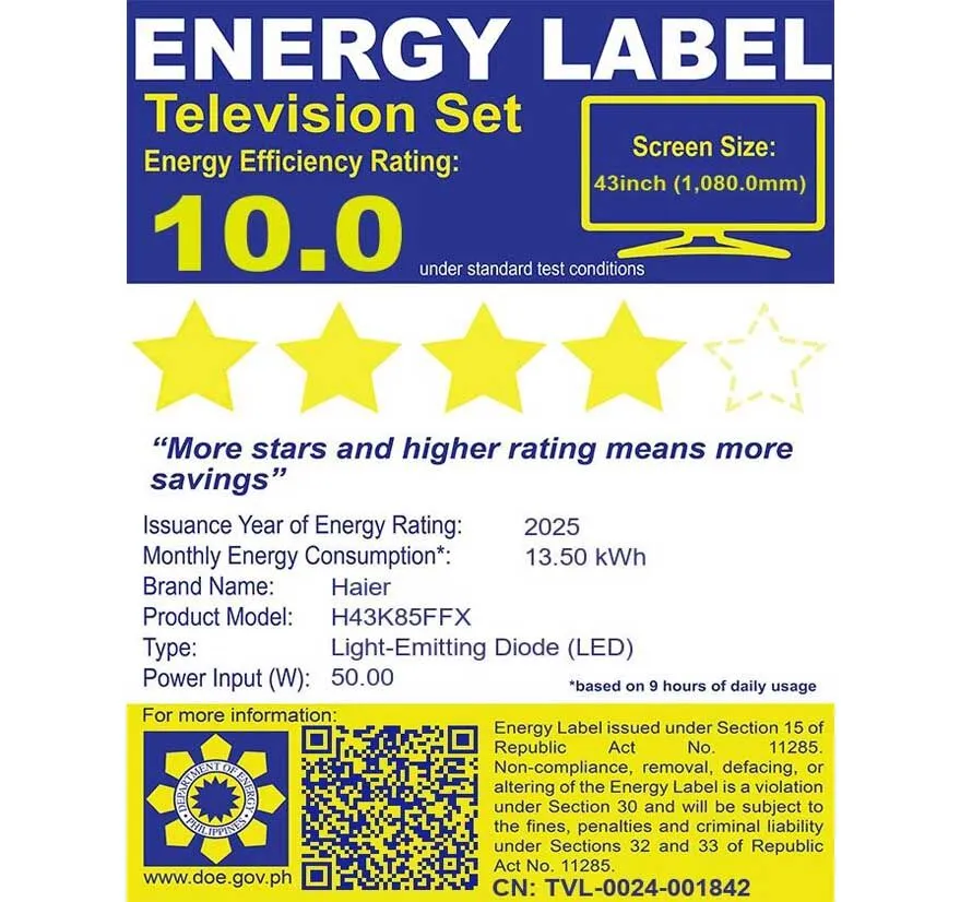 HAIER H43K85FFX - label